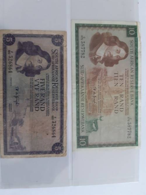 TW de Jongh Set of R1, R2, R5 and R10 South African Banknotes